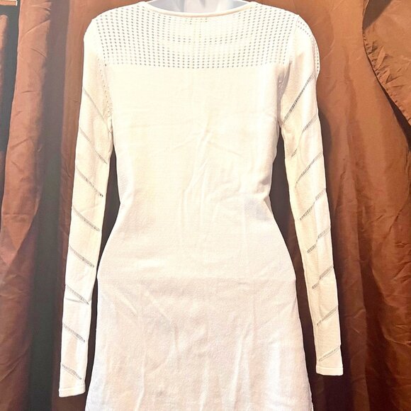 Cache Women's White Sheer Open Weave Deep V Neck Long Sleeve Fitted Sweater-XSM - Picture 11 of 16